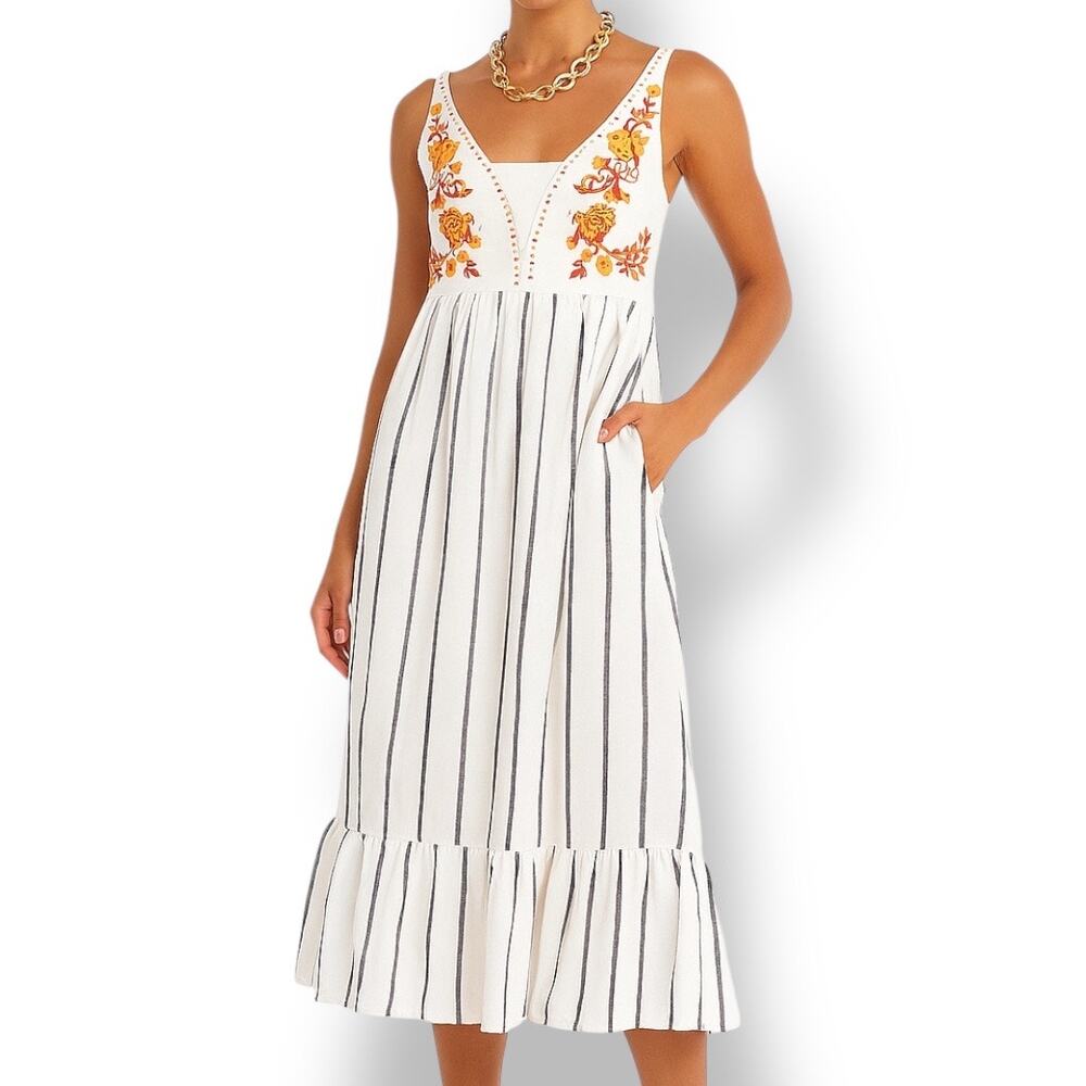 Melloday Embroidered Floral‎ Striped Sundress Ruffle Hem Strapless Boho Summer